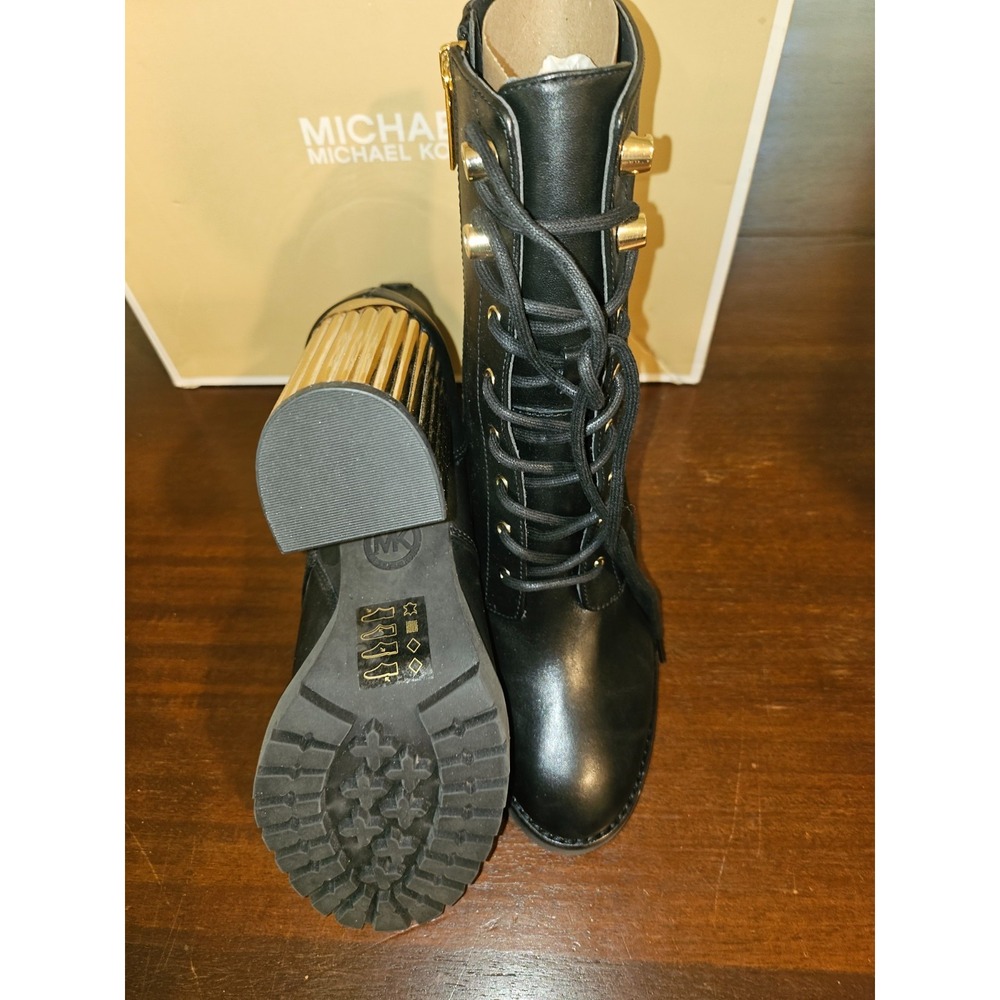 NEW MICHAEL KORS BLACK PORTER LEATHER LACE UP ZIP GOLD HEEL BOOTS SZ 8.5 - Picture 9 of 10